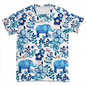 Blush Pink, White And Blue Elephant And Floral Watercolor Pattern AOP T-shirt Tee