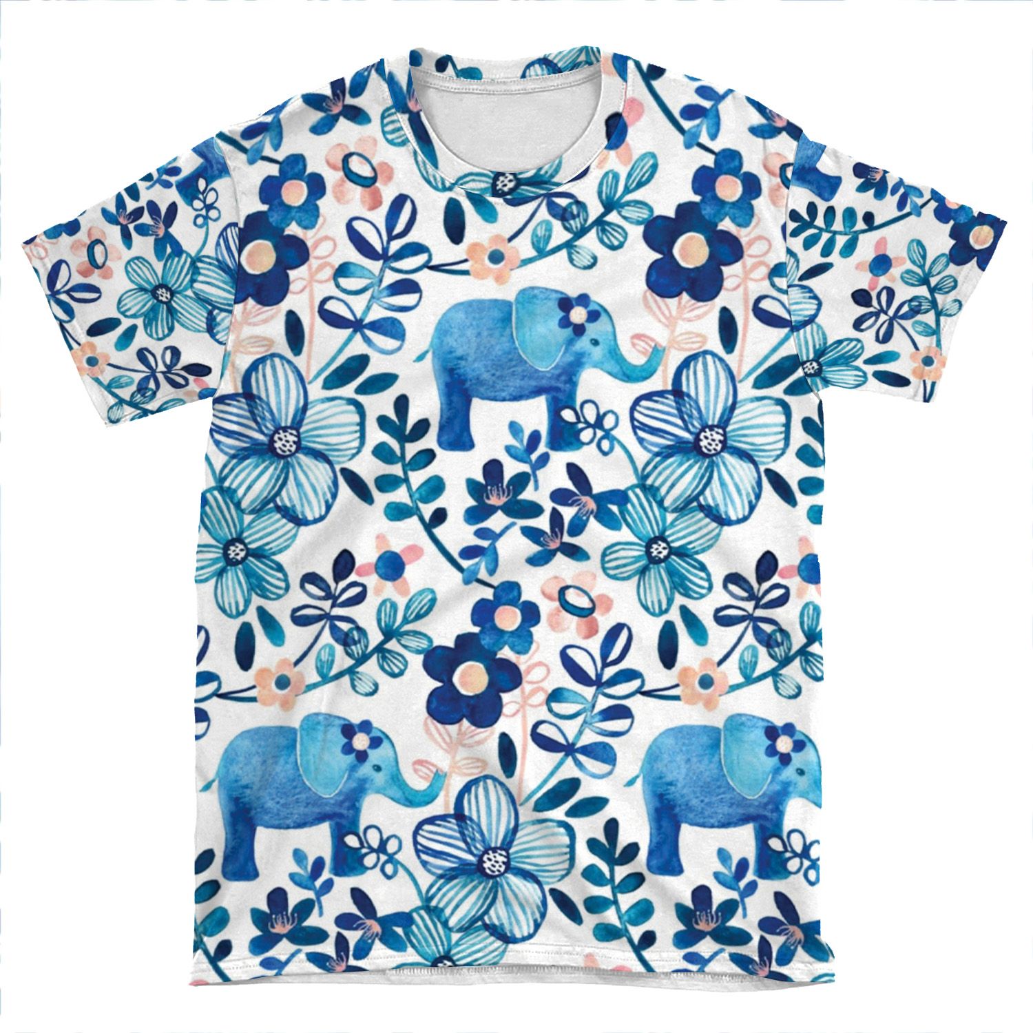 Blush Pink, White And Blue Elephant And Floral Watercolor Pattern AOP T-shirt Tee