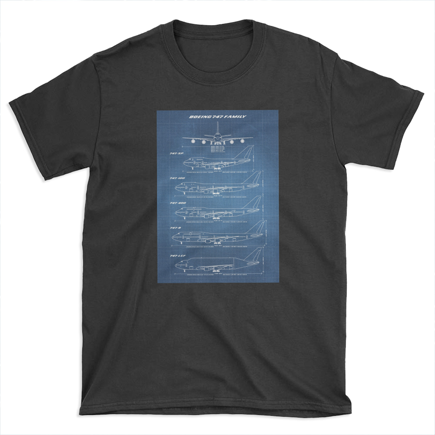 Boeing 747 Family Blueprint (light blue) T-shirt Tee