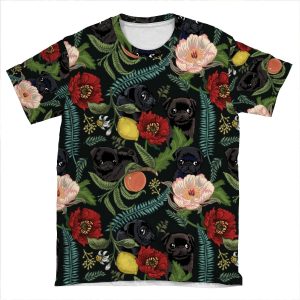 Botanical And Black Pugs AOP T-shirt Tee