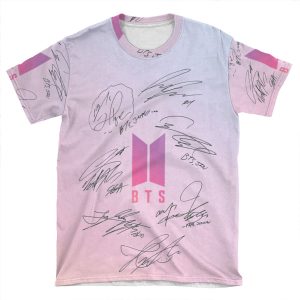 Bts - Logo With New Signatures 2020 (Pink) AOP T-shirt Tee
