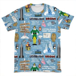 Buddy The Elf Collage, Blue Background AOP T-shirt Tee