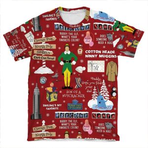 Buddy The Elf Collage, Red Background 3 AOP T-shirt Tee