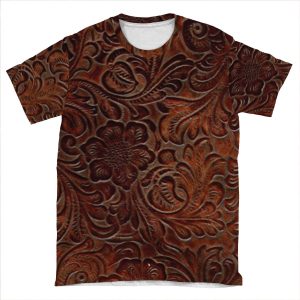 Burnished Rich Brown Tooled Leather Pattern AOP T-shirt Tee