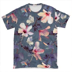 Butterflies And Hibiscus Flowers - A Painted Pattern AOP T-shirt Tee