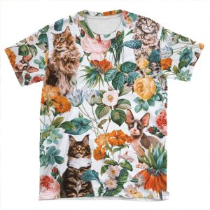Cat And Floral Pattern Iii AOP T-shirt Tee
