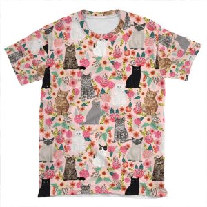 Cat Floral Mixed Breeds Of Cats Gifts For Pet Lovers Cat Ladies Florals AOP T-shirt Tee