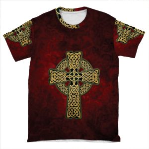 Celtic Cross In Gold Colors AOP T-shirt Tee