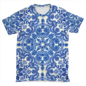 Cobalt Blue & China White Folk Art Pattern AOP T-shirt Tee