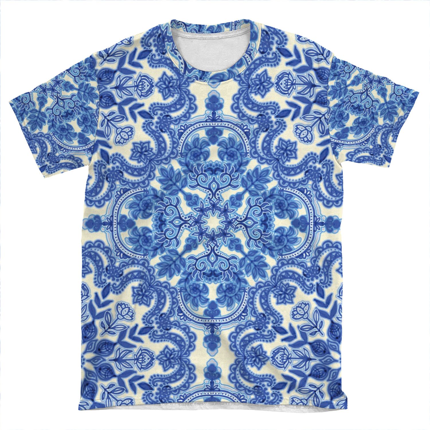 Cobalt Blue & China White Folk Art Pattern AOP T-shirt Tee