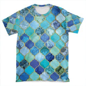 Cobalt Blue, Aqua & Gold Decorative Moroccan Tile Pattern AOP T-shirt Tee