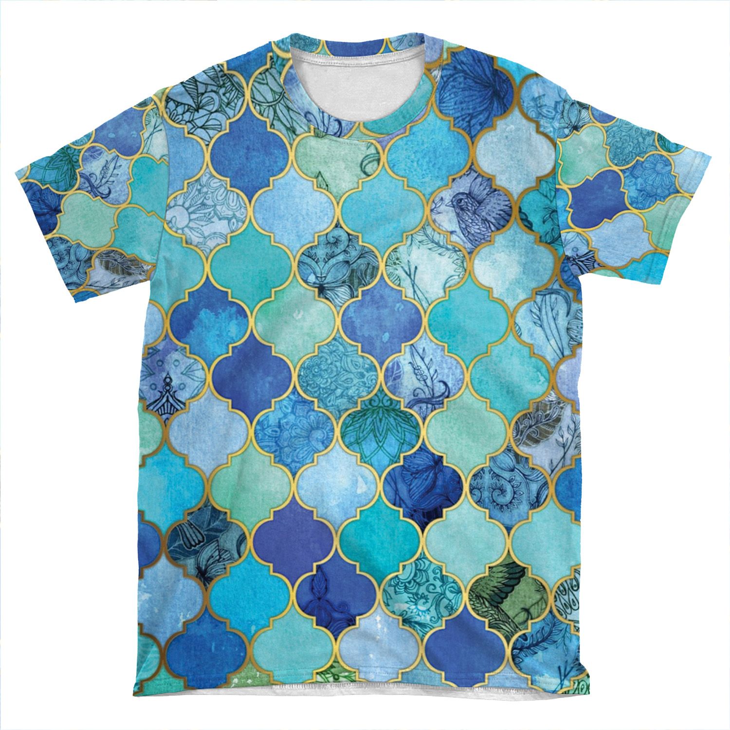 Cobalt Blue, Aqua & Gold Decorative Moroccan Tile Pattern AOP T-shirt Tee