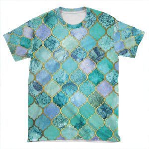 Cool Jade & Icy Mint Decorative Moroccan Tile Pattern AOP T-shirt Tee
