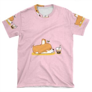 Corgi And Bubble Tea AOP T-shirt Tee