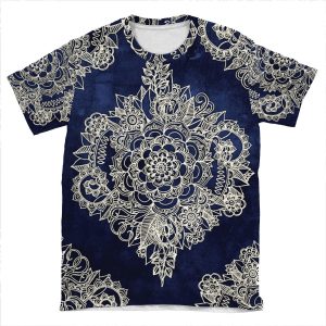 Cream Floral Moroccan Pattern On Deep Indigo Ink AOP T-shirt Tee