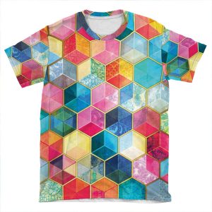 Crystal Bohemian Honeycomb Cubes - Colorful Hexagon Pattern AOP T-shirt Tee
