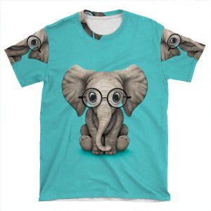 Cute Baby Elephant Calf With Reading Glasses On Blue AOP T-shirt Tee