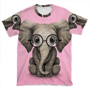 Cute Baby Elephant Calf With Reading Glasses On Pink AOP T-shirt Tee