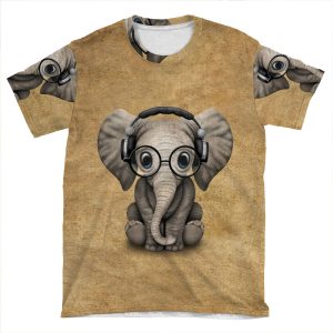 Cute Baby Elephant Dj Wearing Headphones And Glasses AOP T-shirt Tee