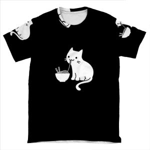 Cute Cat Eating Ramen AOP T-shirt Tee