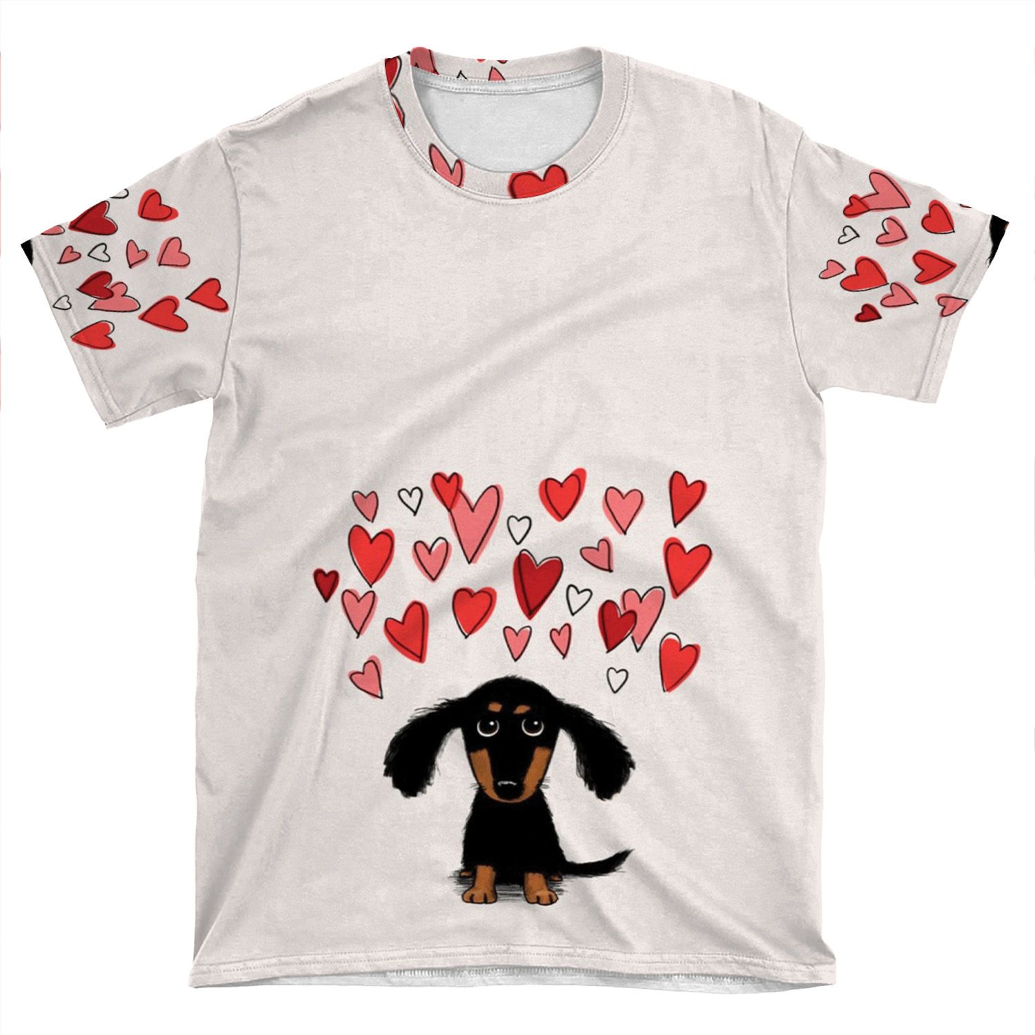 Cute Dachshund Puppy Dog With Valentine Hearts AOP T-shirt Tee