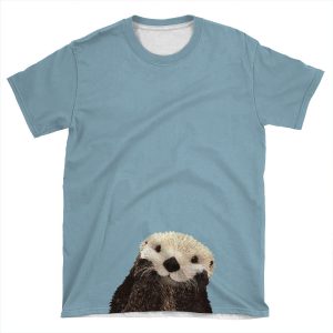 Cute Sea Otter On Steel Blue Solid. Minimalist. Coastal. Adorable AOP T-shirt Tee