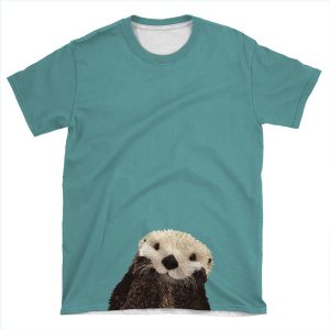 Cute Sea Otter On Teal Solid. Minimalist. Coastal. Adorable. AOP T-shirt Tee