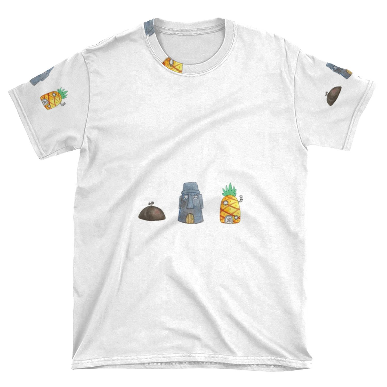 Cute Spongebob, Patrick, And Squidward Houses AOP T-shirt Tee