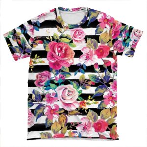 Cute Spring Floral And Stripes Watercolor Pattern AOP T-shirt Tee