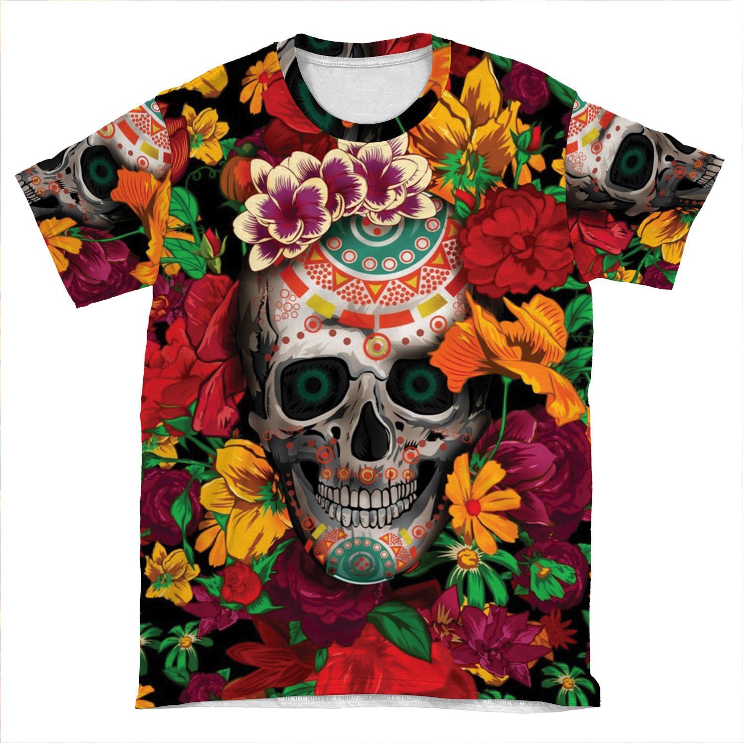 Day Of The Dead Sugar Skull With Flower AOP T-shirt Tee