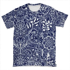 Detailed Floral Pattern In White On Navy AOP T-shirt Tee