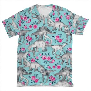 Dinosaurs And Roses Turquoise Blue AOP T-shirt Tee