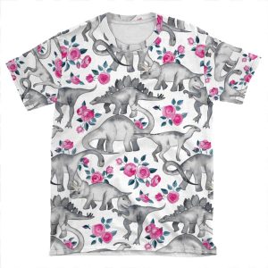 Dinosaurs And Roses White AOP T-shirt Tee