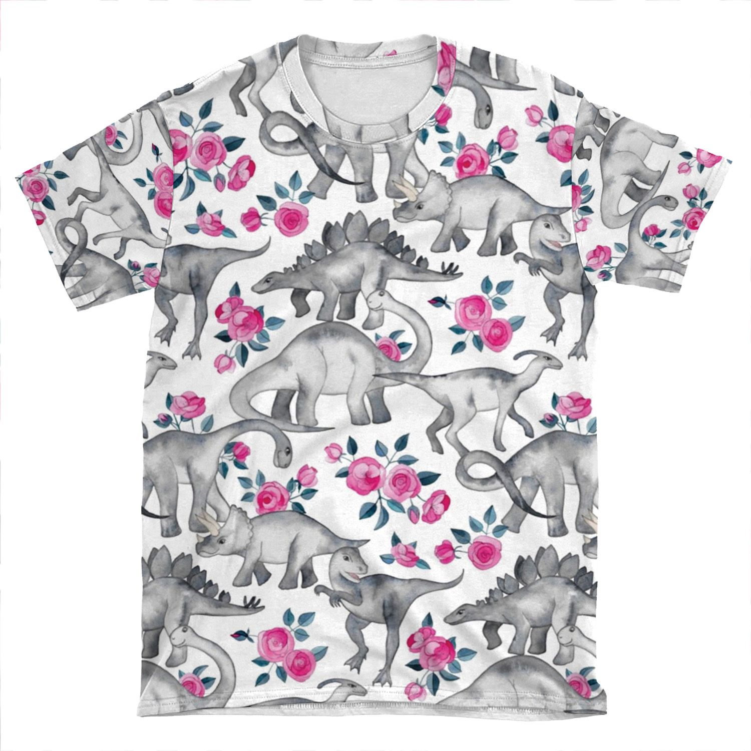Dinosaurs And Roses White AOP T-shirt Tee