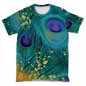 Dreamy Peacock Feathers, Teal And Purple, Glimmering Gold AOP T-shirt Tee