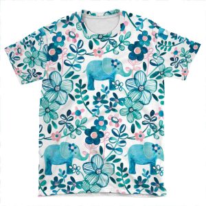 Dusty Pink, White And Teal Elephant And Floral Watercolor Pattern AOP T-shirt Tee