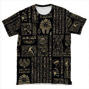 Egyptian Hieroglyphs And Deities Gold On Black AOP T-shirt Tee