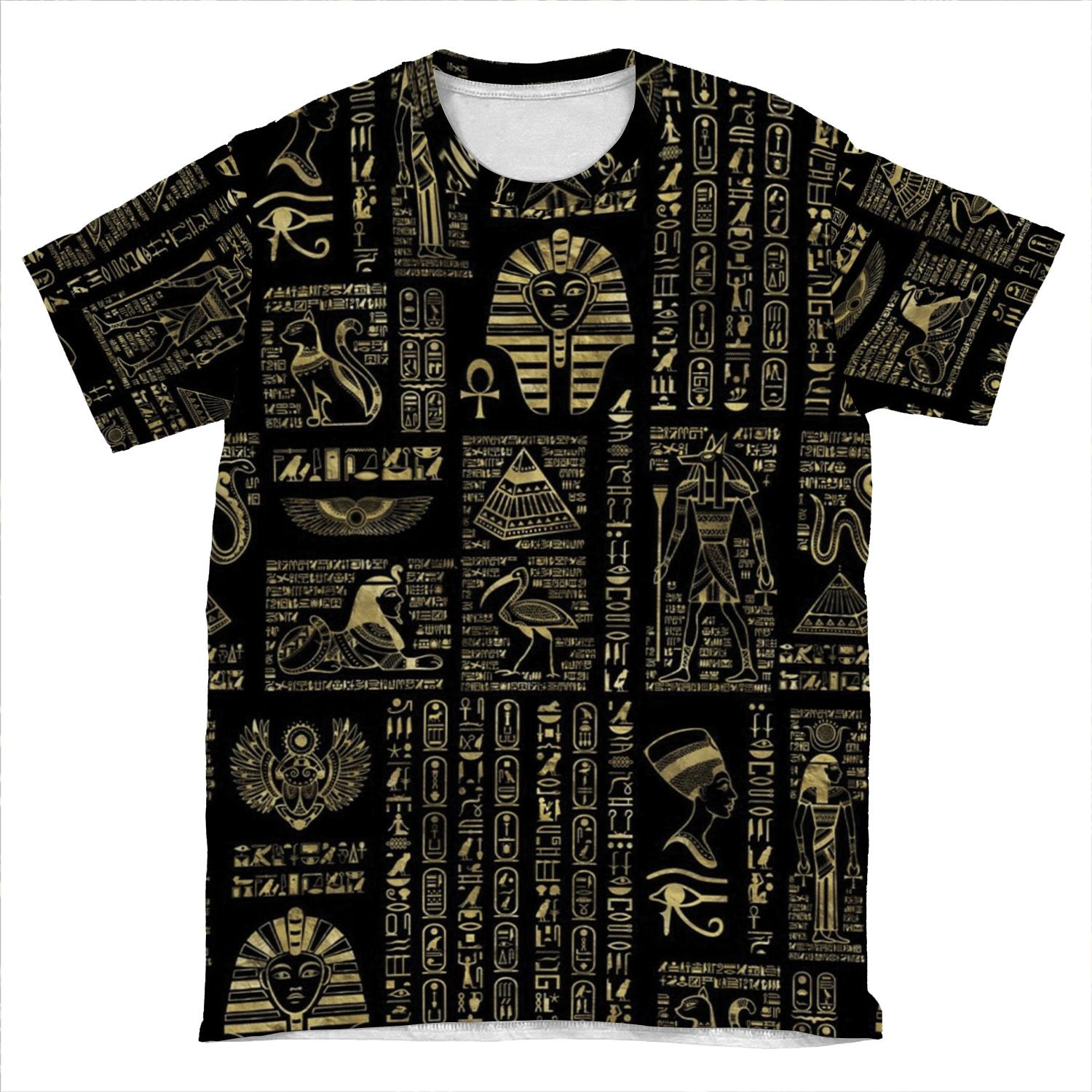 Egyptian Hieroglyphs And Deities Gold On Black AOP T-shirt Tee