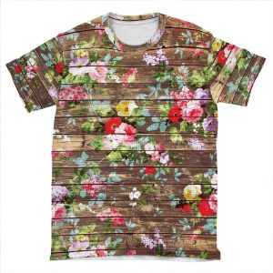 Elegant Pink Roses Floral Rustic Brown Wood AOP T-shirt Tee