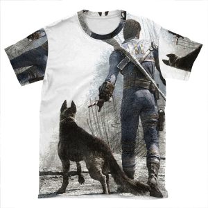Fallout 4 Vault Dweller And Dogmeat Drawing AOP T-shirt Tee