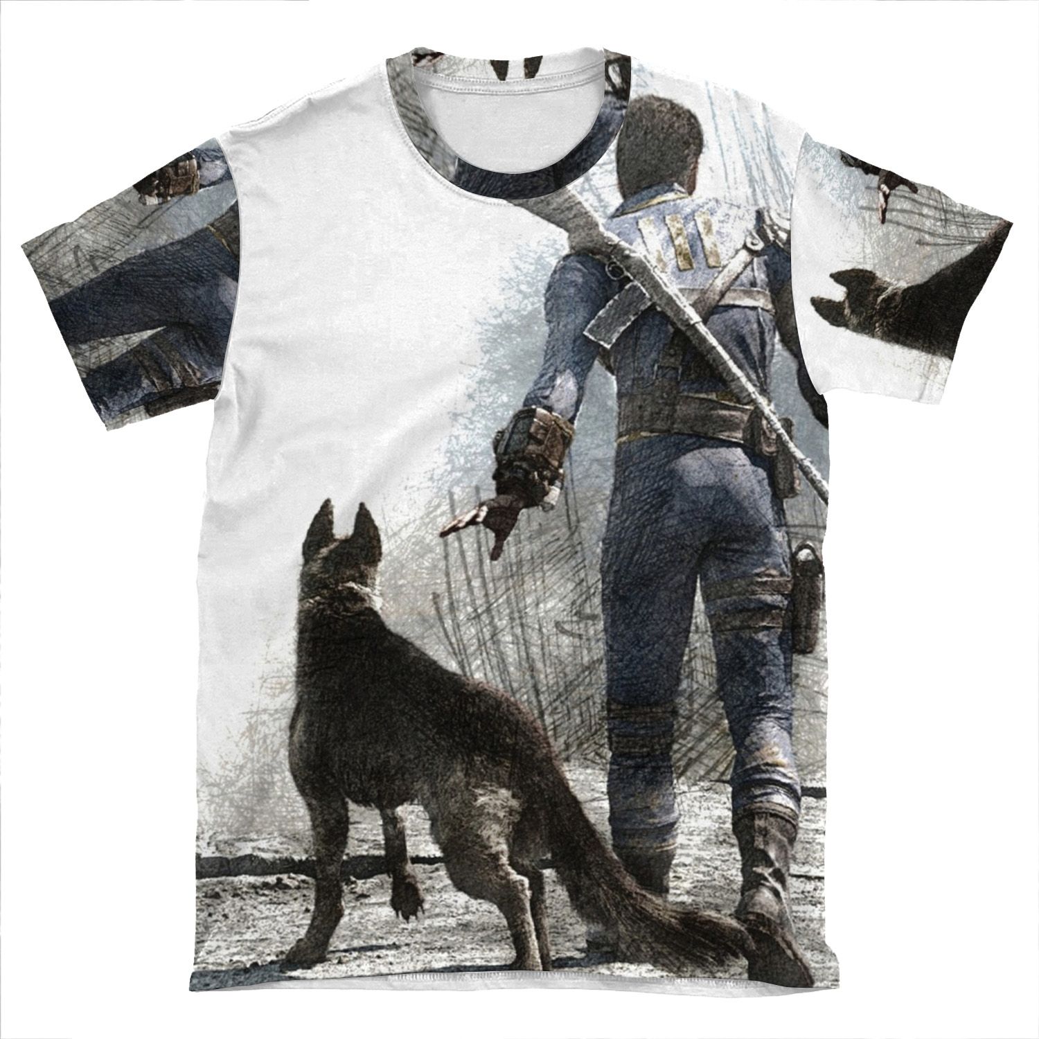Fallout 4 Vault Dweller And Dogmeat Drawing AOP T-shirt Tee