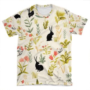 Flowers Pattern With Little Black Rabbits AOP T-shirt Tee