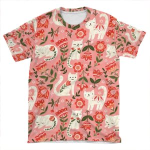 Folk Cat Pattern AOP T-shirt Tee