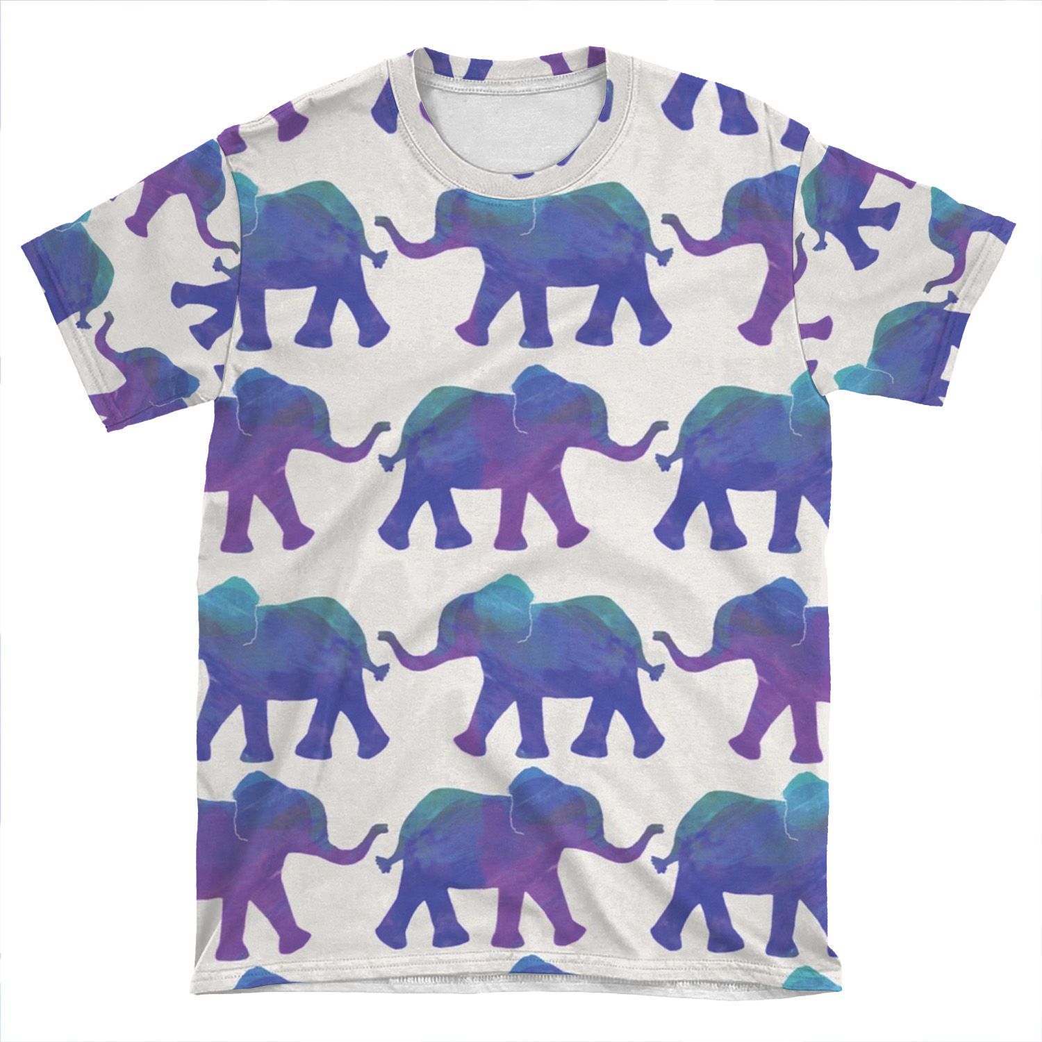 Follow The Leader - Painted Elephants In Purple, Royal Blue, & Mint AOP T-shirt Tee