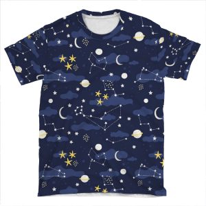 Galaxy - Cosmos, Moon And Stars. Astronomy Pattern. Cute Cartoon Universe Design. AOP T-shirt Tee