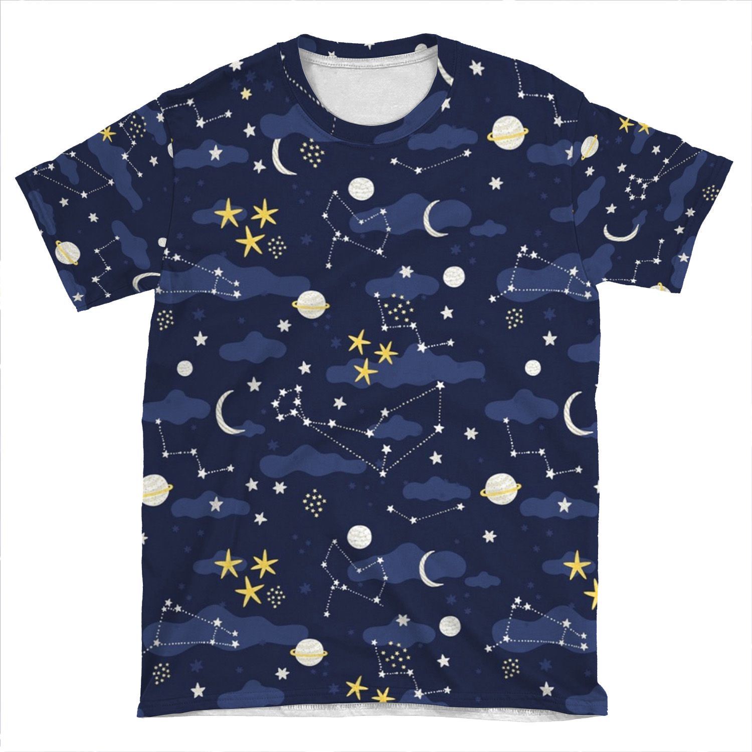 Galaxy - Cosmos, Moon And Stars. Astronomy Pattern. Cute Cartoon Universe Design. AOP T-shirt Tee