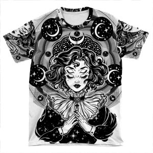 Girl Portrait With Four Eyes, Sacred Space Circle. AOP T-shirt Tee