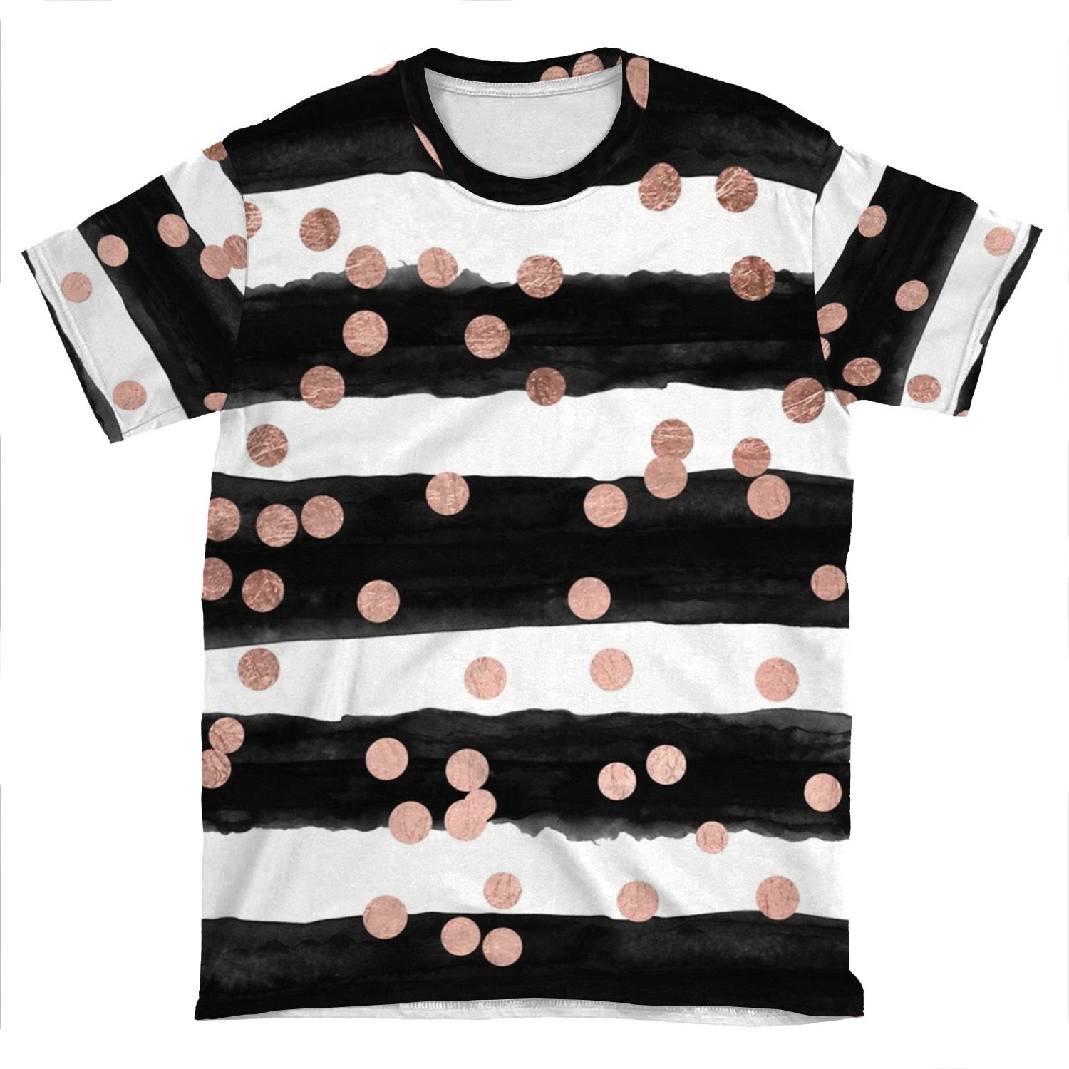 Girly Rose Gold Confetti Black Watercolor Stripes AOP T-shirt Tee