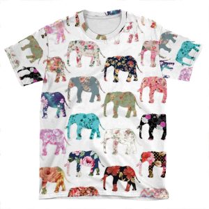 Girly Whimsical Retro Floral Elephants Pattern AOP T-shirt Tee