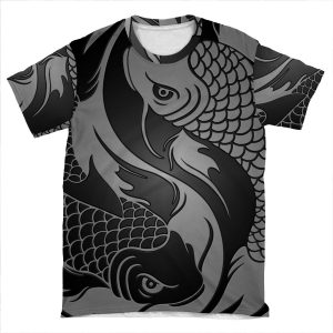 Gray And Black Yin Yang Koi Fish AOP T-shirt Tee